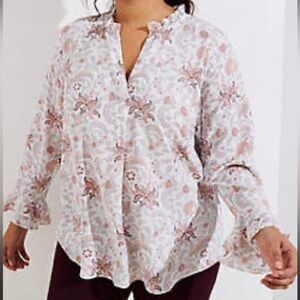 LOFT floral paisley print V neck ruffle neckline long sleeves relaxed top blouse